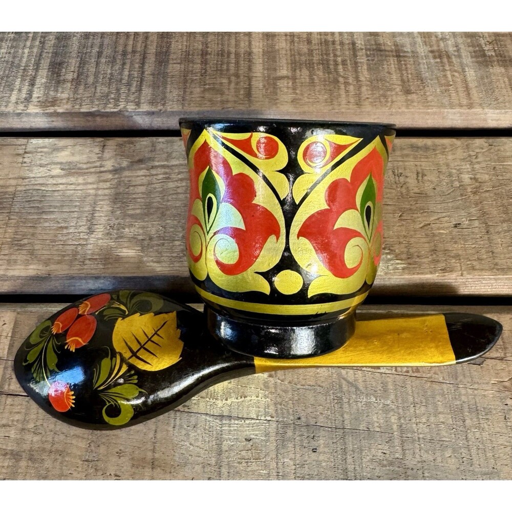 Russian Khokhloma Vintage Folk Art Hand Painted Traditional Pattern Red & Gold